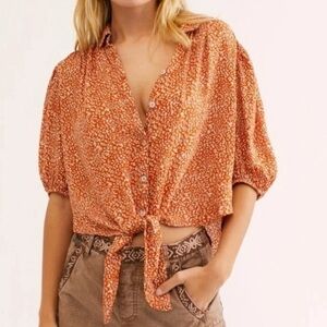 Free People Women Celia Printed Tie-Hem Puff Sleeve Blouse Dark Orange Size S